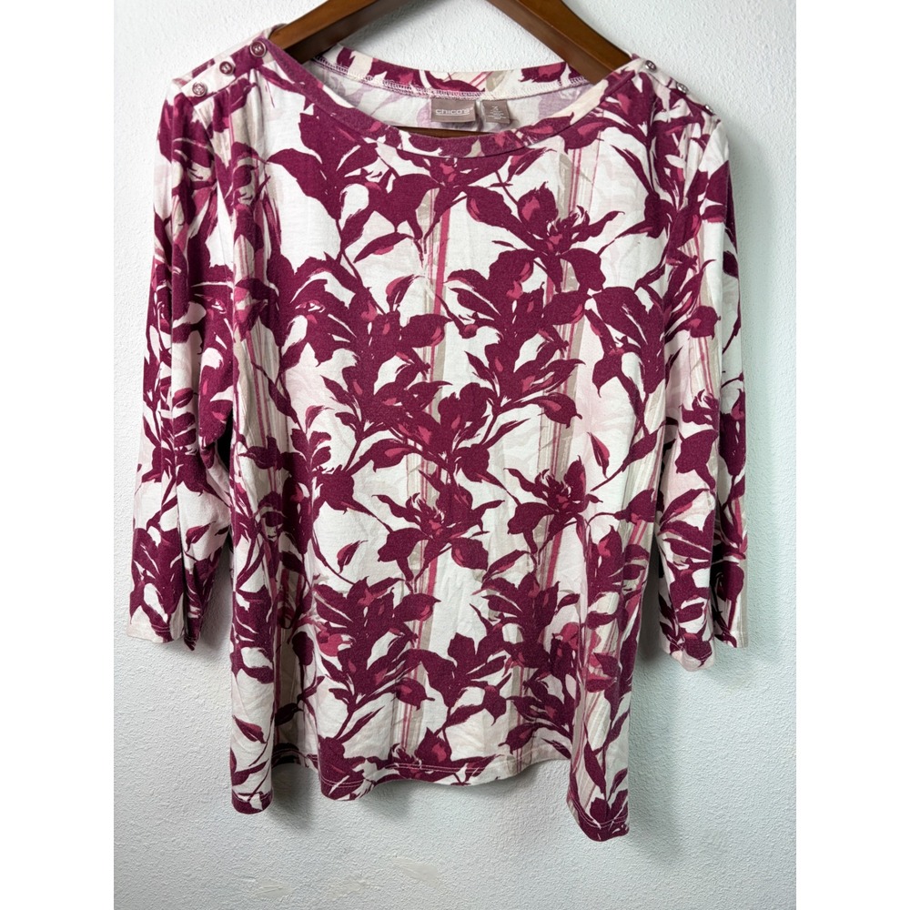 Chico's Women Top Burgundy Floral 3 XL 3/4 Sleeve Cotton Modal Button Shoulder
